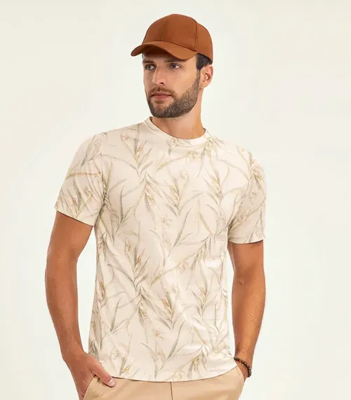 Camiseta Masculina Manga Curta Meia Malha Diametro Bege