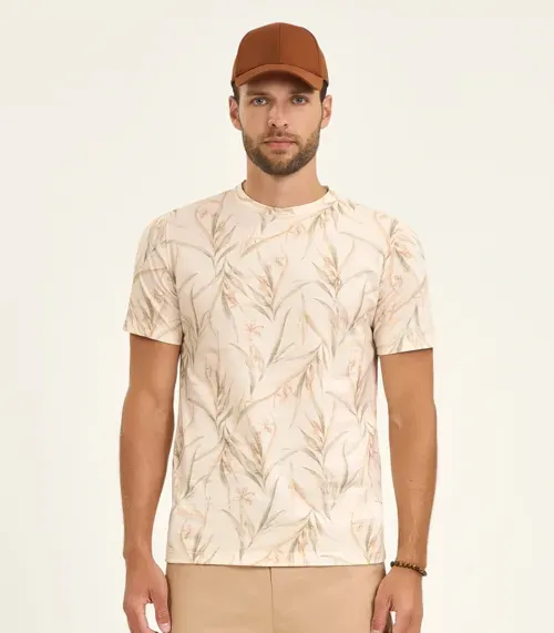 Camiseta Masculina Manga Curta Meia Malha Diametro Bege