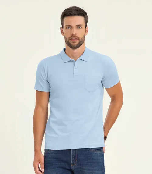 Polo Masculina Com Bolso Cotton Leve Diametro Azul