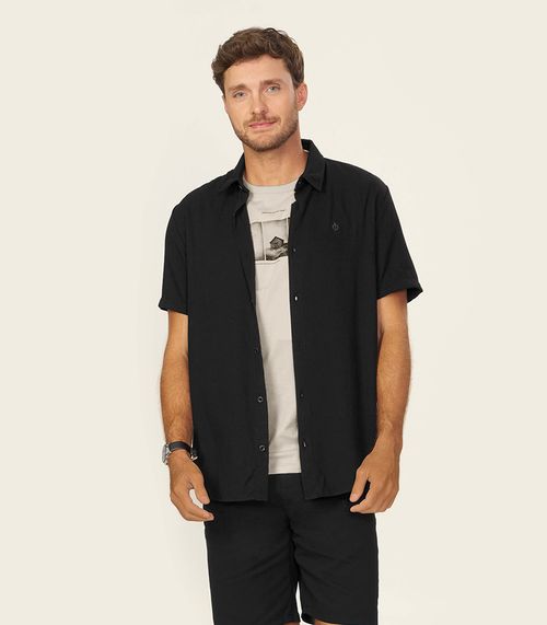 Camisa Masculina Viscose Lisa Com Bordado Diametro Preto