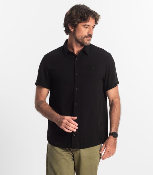 Camisa Masculina Viscose Lisa Com Bordado Diametro Preto