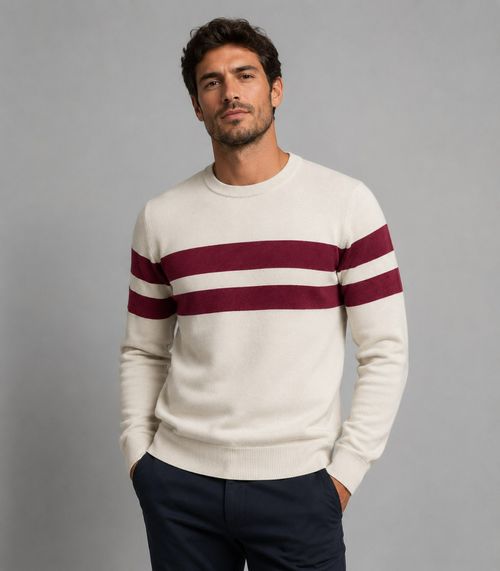 Suéter Masculino Listrado Tricot Diametro Bege