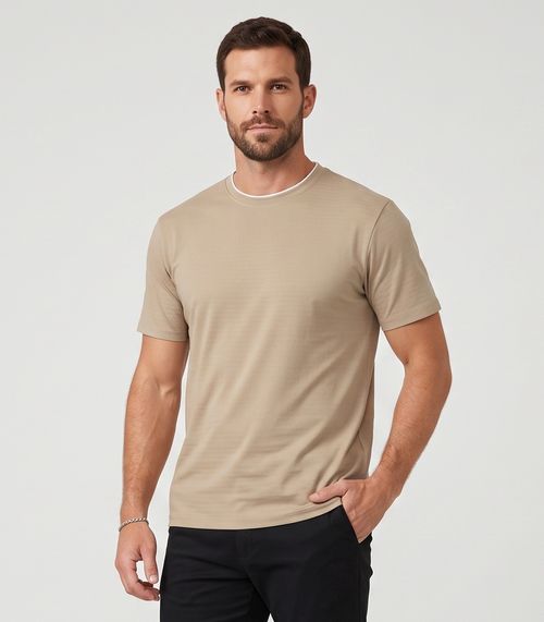 Camiseta Masculina Listras Piquet Diametro Bege